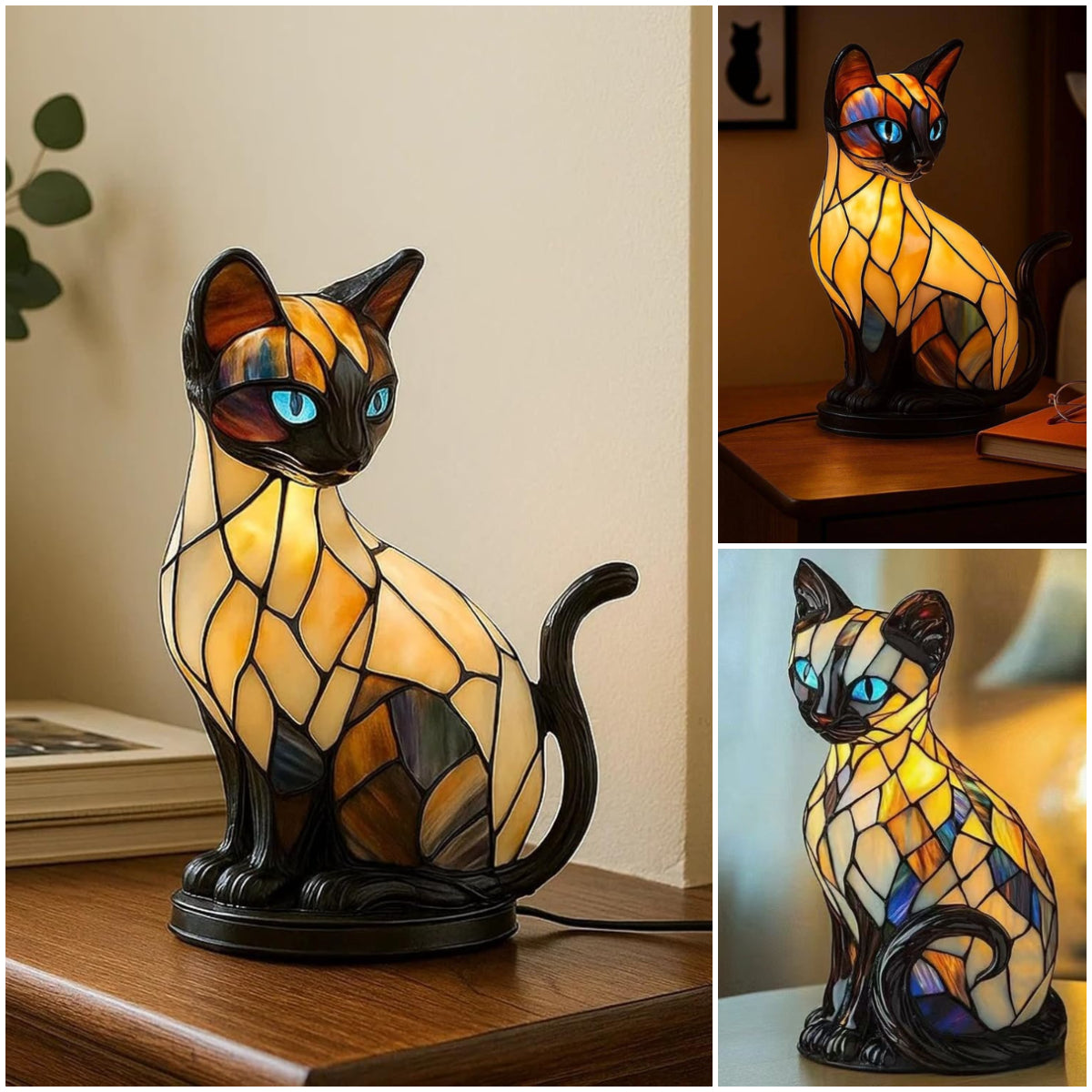 🐱 Lampka Kot z Efektem Witrażu – Retro Lampka Nocna z Kolorowej Żywicy ✨