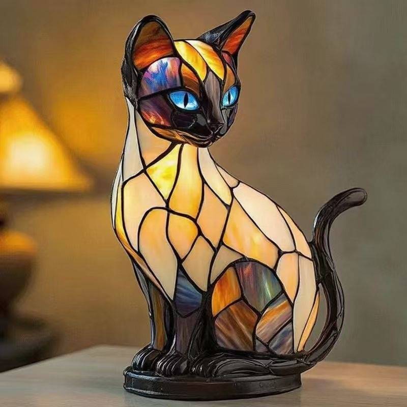🐱 Lampka Kot z Efektem Witrażu – Retro Lampka Nocna z Kolorowej Żywicy ✨
