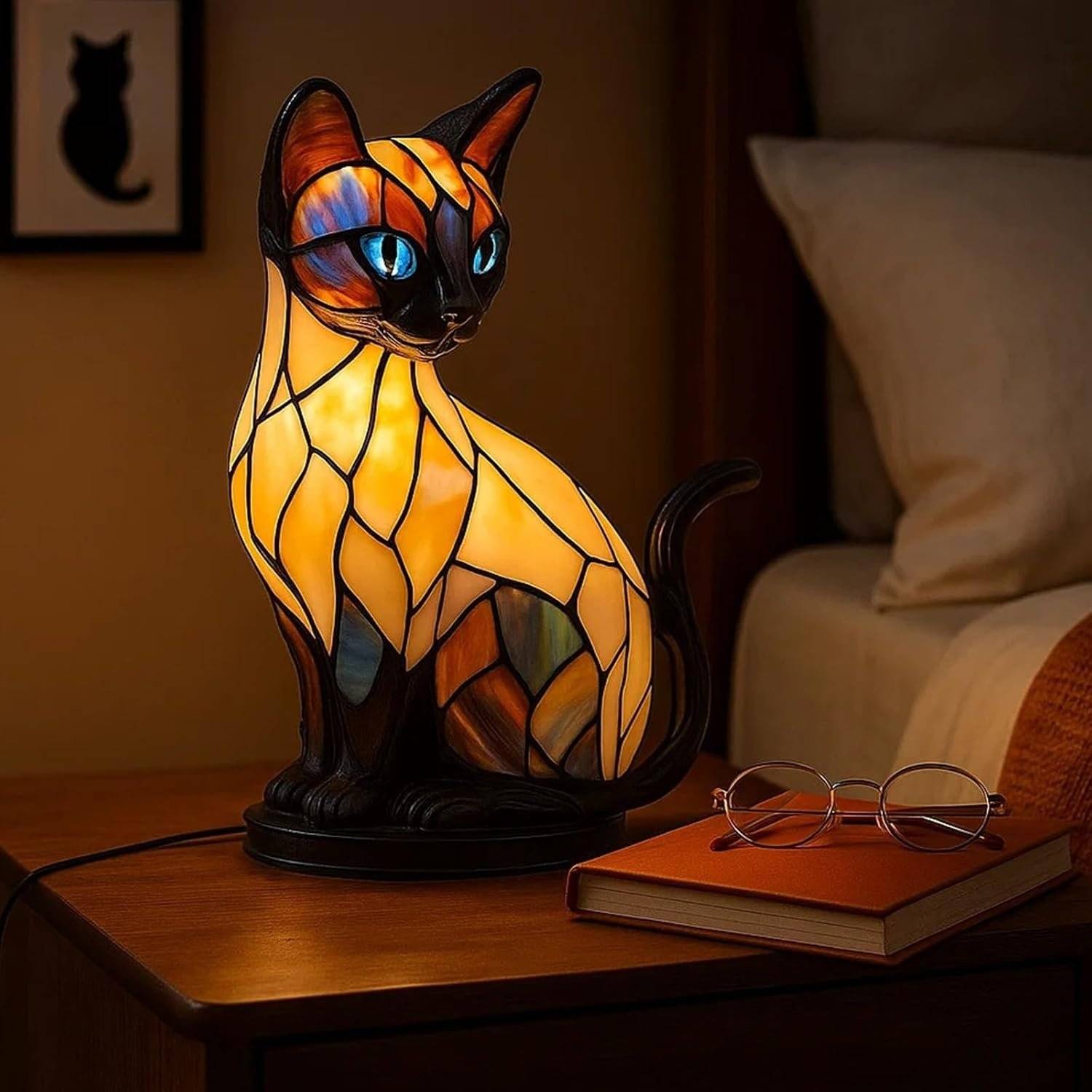 🐱 Lampka Kot z Efektem Witrażu – Retro Lampka Nocna z Kolorowej Żywicy ✨