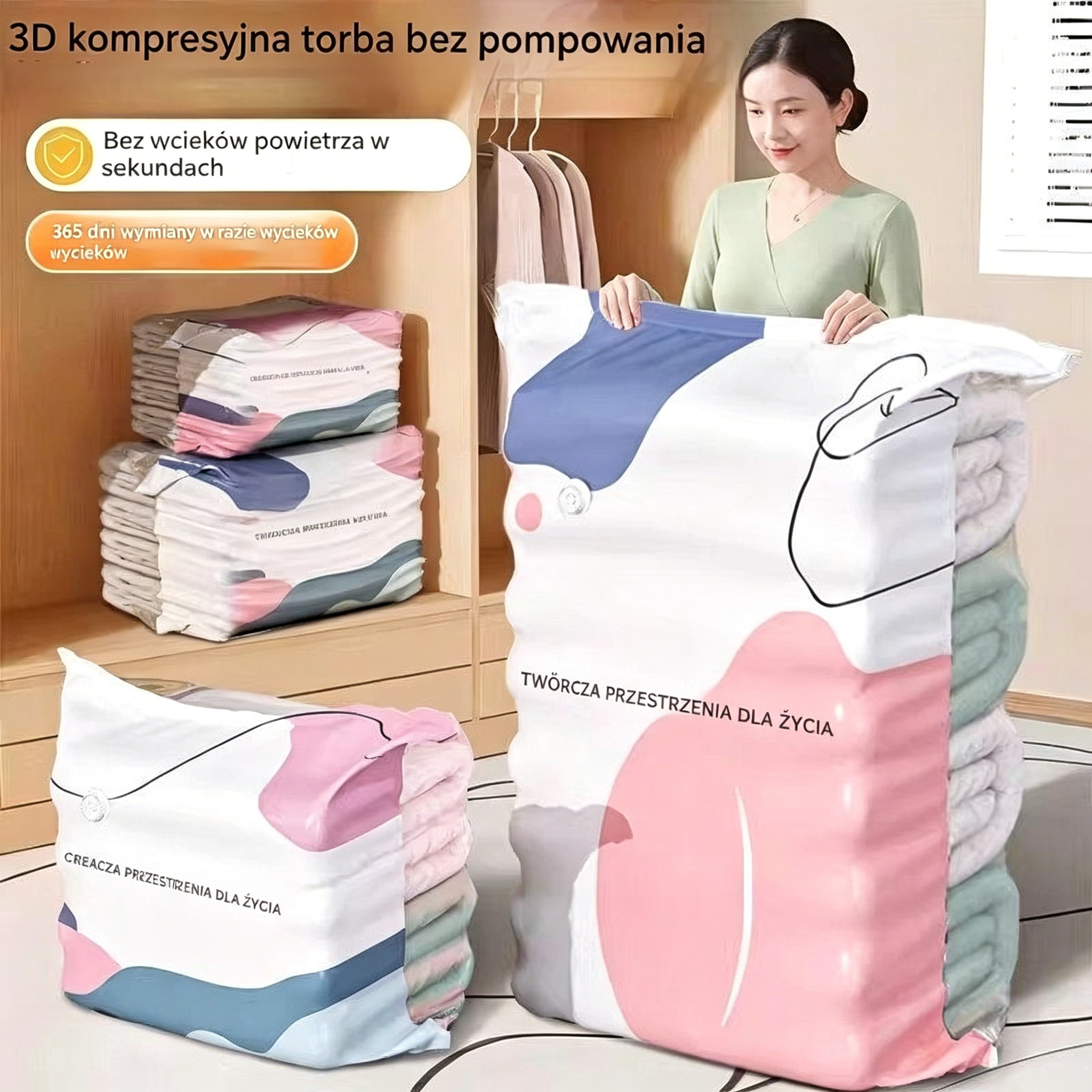 🧳【Zestaw 5 sztuk】💨 Duże kompresowalne worki próżniowe do przechowywania: nie wymagają pompy, są szczelne, idealne do użytku w domu i w walizce, pozwalają zaoszczędzić dużo miejsca ✈️