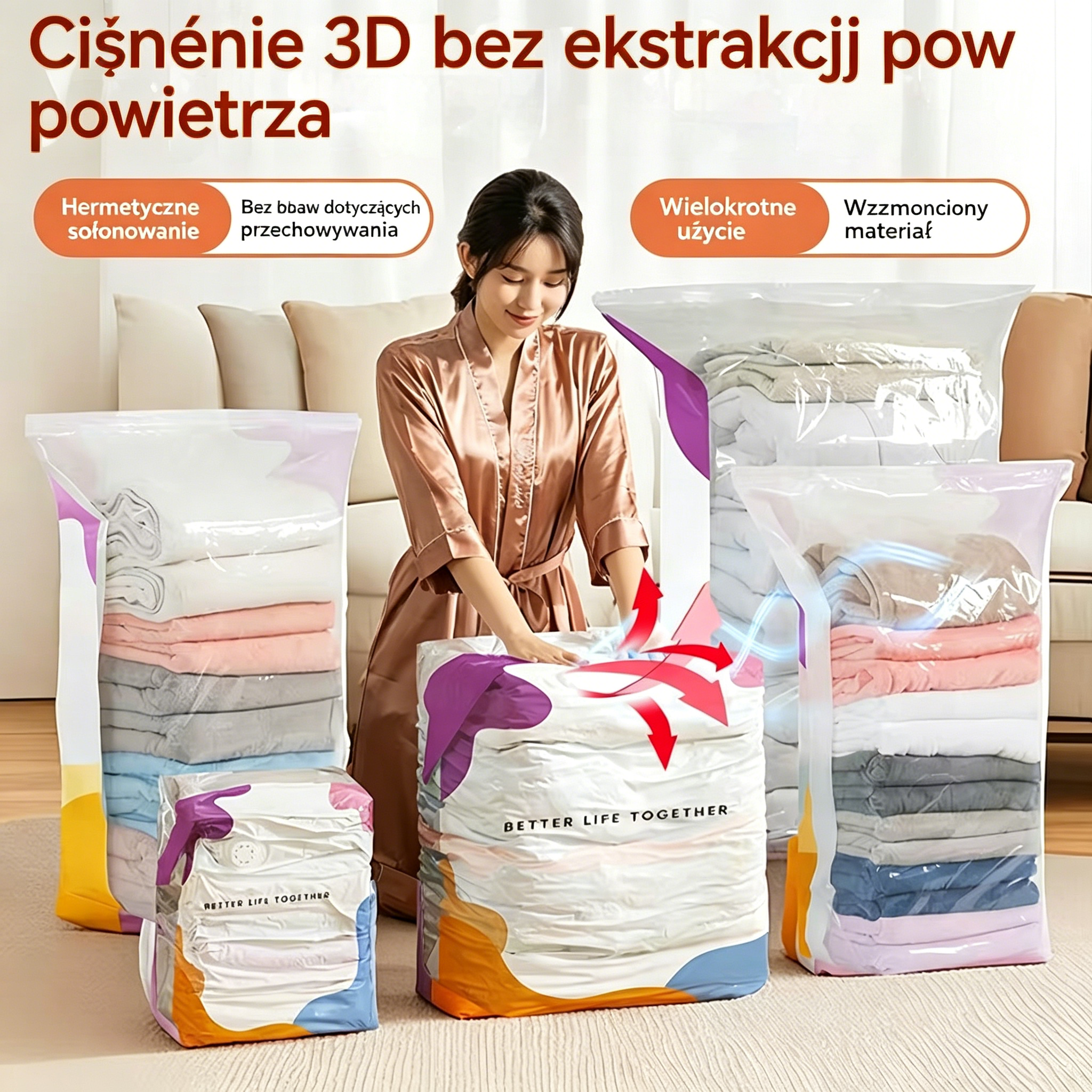 🧳【Zestaw 5 sztuk】💨 Duże kompresowalne worki próżniowe do przechowywania: nie wymagają pompy, są szczelne, idealne do użytku w domu i w walizce, pozwalają zaoszczędzić dużo miejsca ✈️