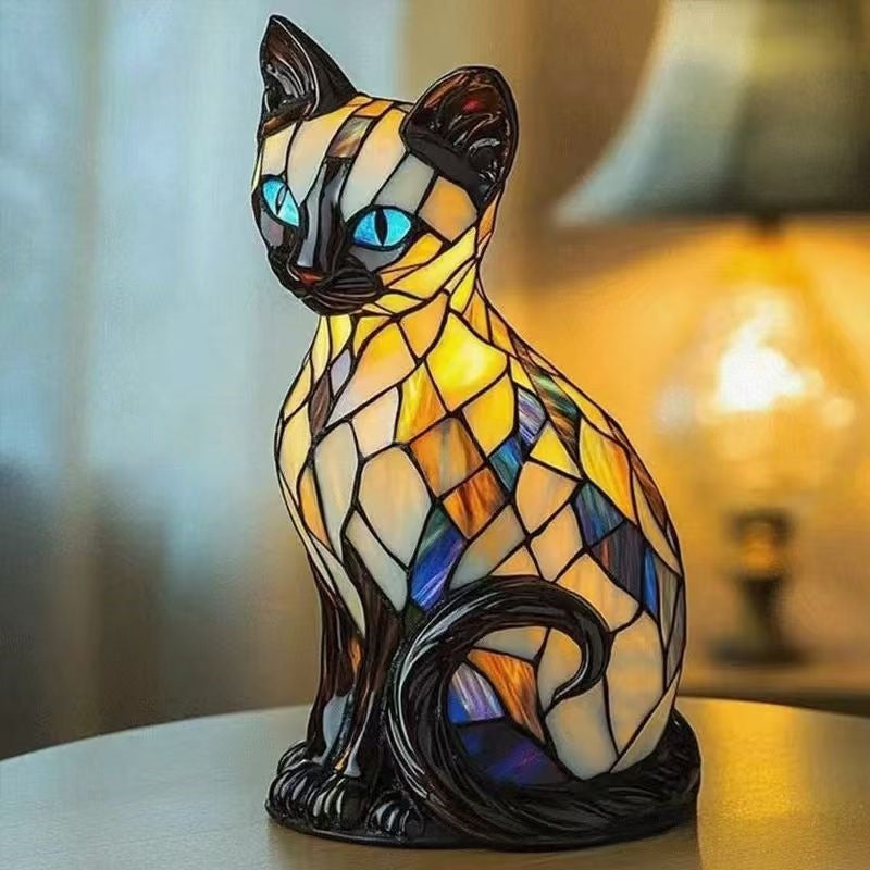 🐱 Lampka Kot z Efektem Witrażu – Retro Lampka Nocna z Kolorowej Żywicy ✨