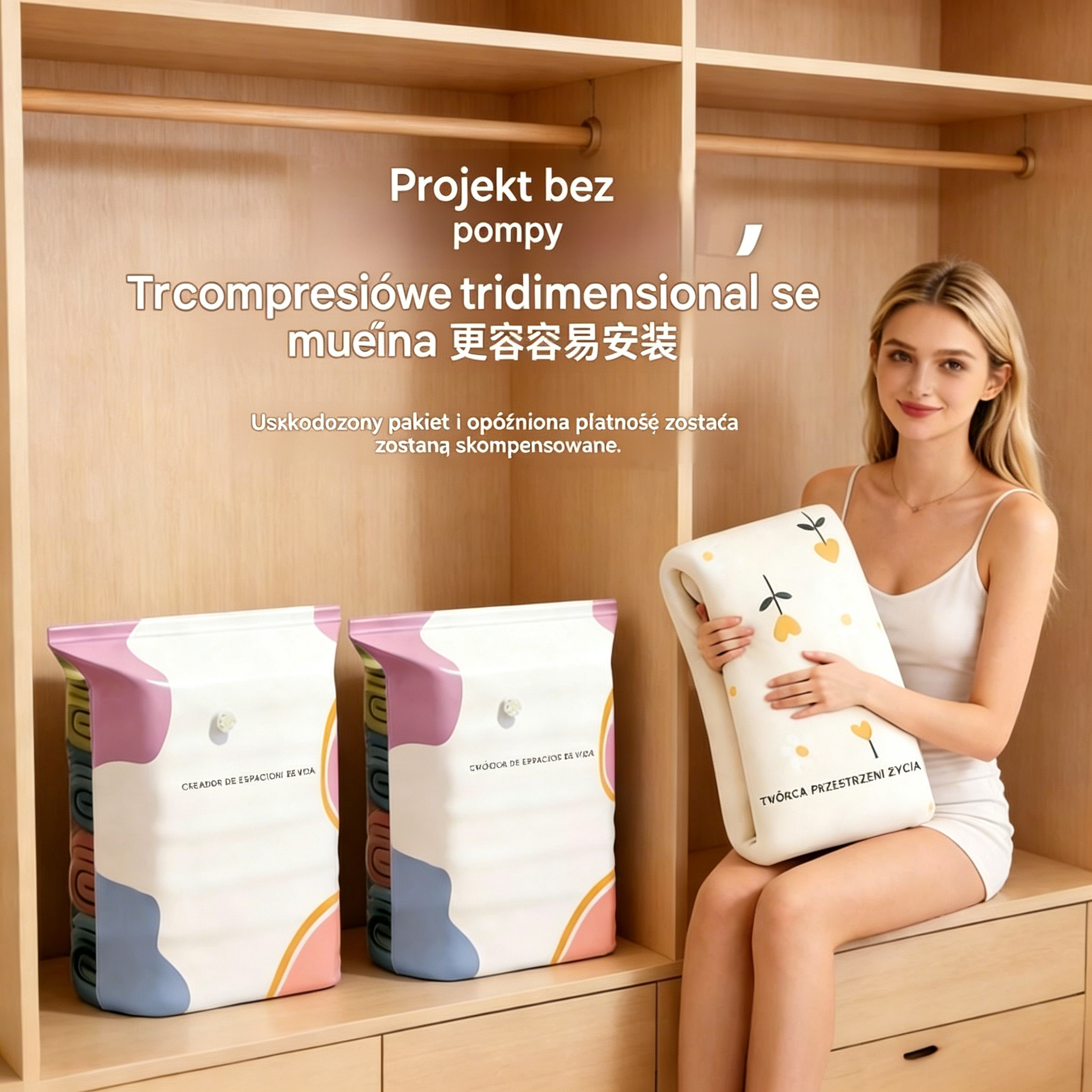 🧳【Zestaw 5 sztuk】💨 Duże kompresowalne worki próżniowe do przechowywania: nie wymagają pompy, są szczelne, idealne do użytku w domu i w walizce, pozwalają zaoszczędzić dużo miejsca ✈️